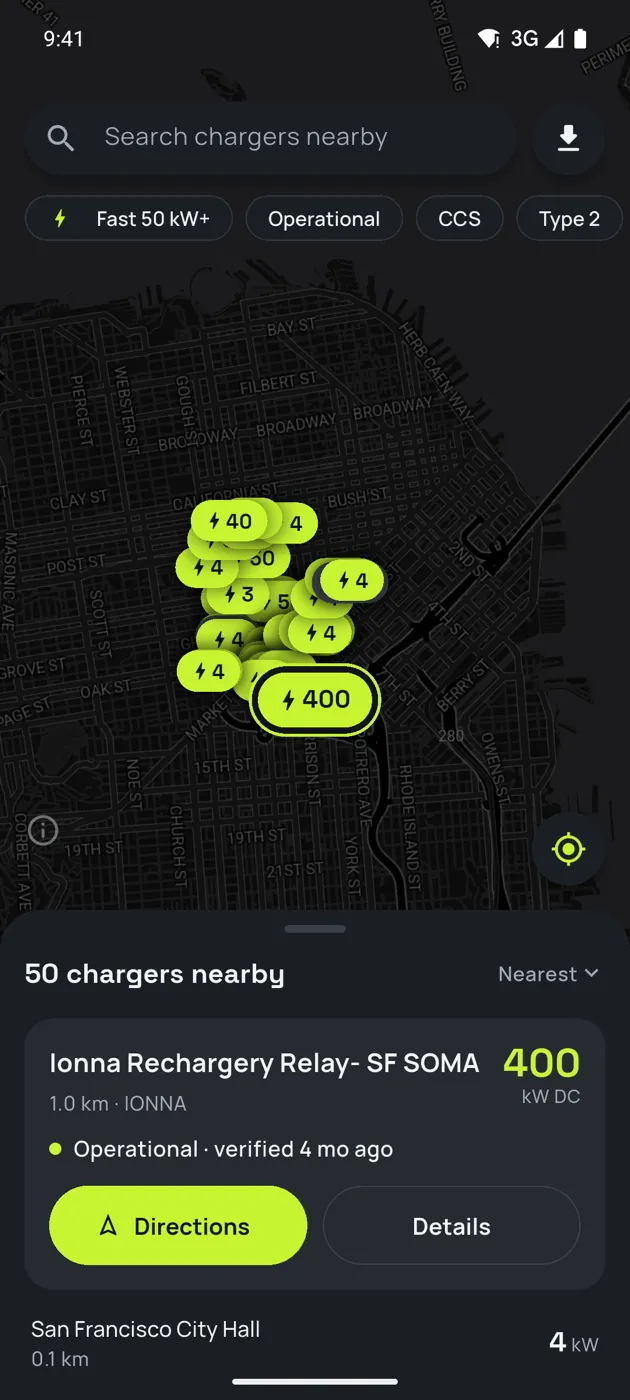 Volty’s map of nearby chargers, each marked with its power in kW