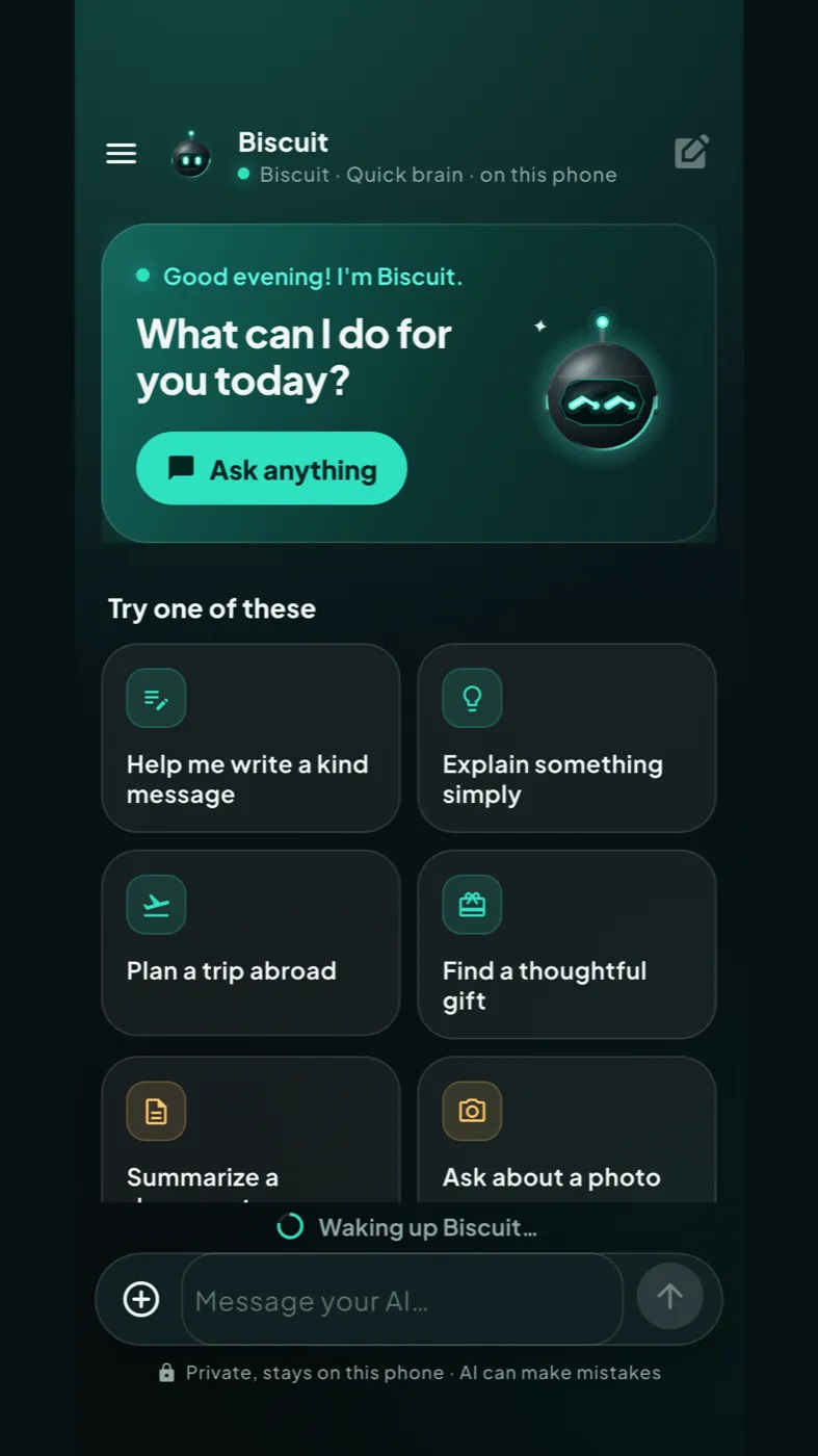 Offline AI’s new chat screen with suggestions