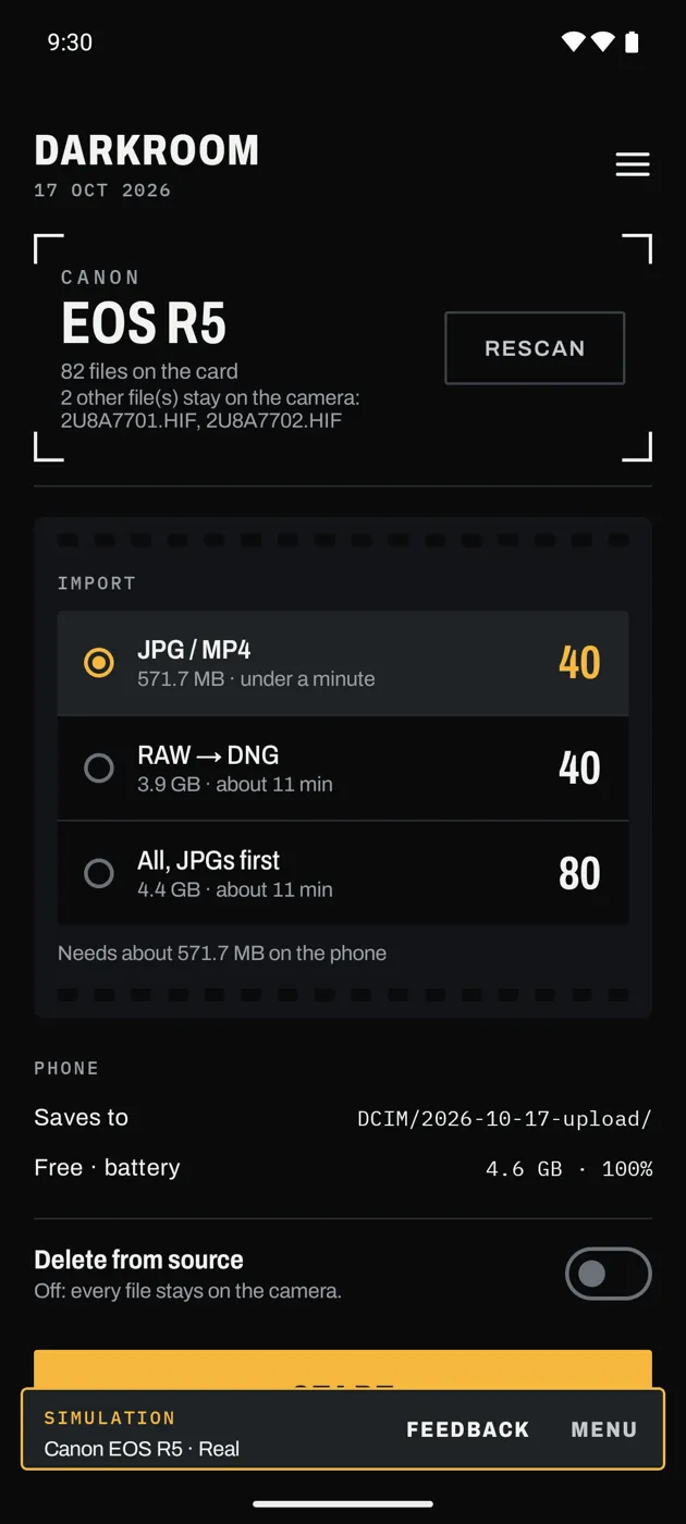 Darkroom showing a connected Canon EOS R5 and import choices